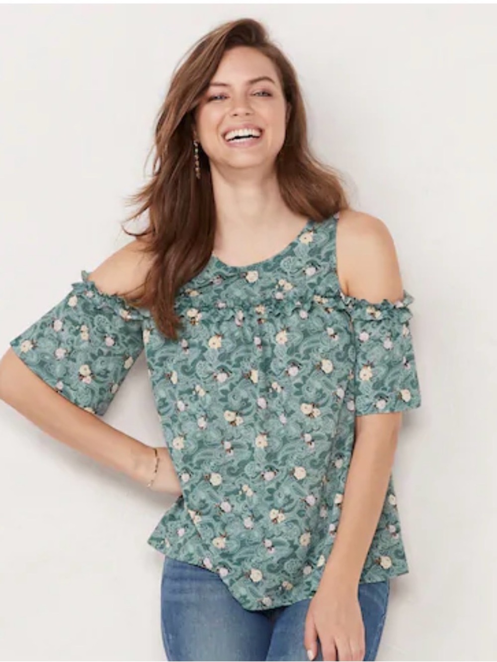 Lauren Conrad Green Floral Ruffle Short-Sleeve Top - Picture 4 of 4